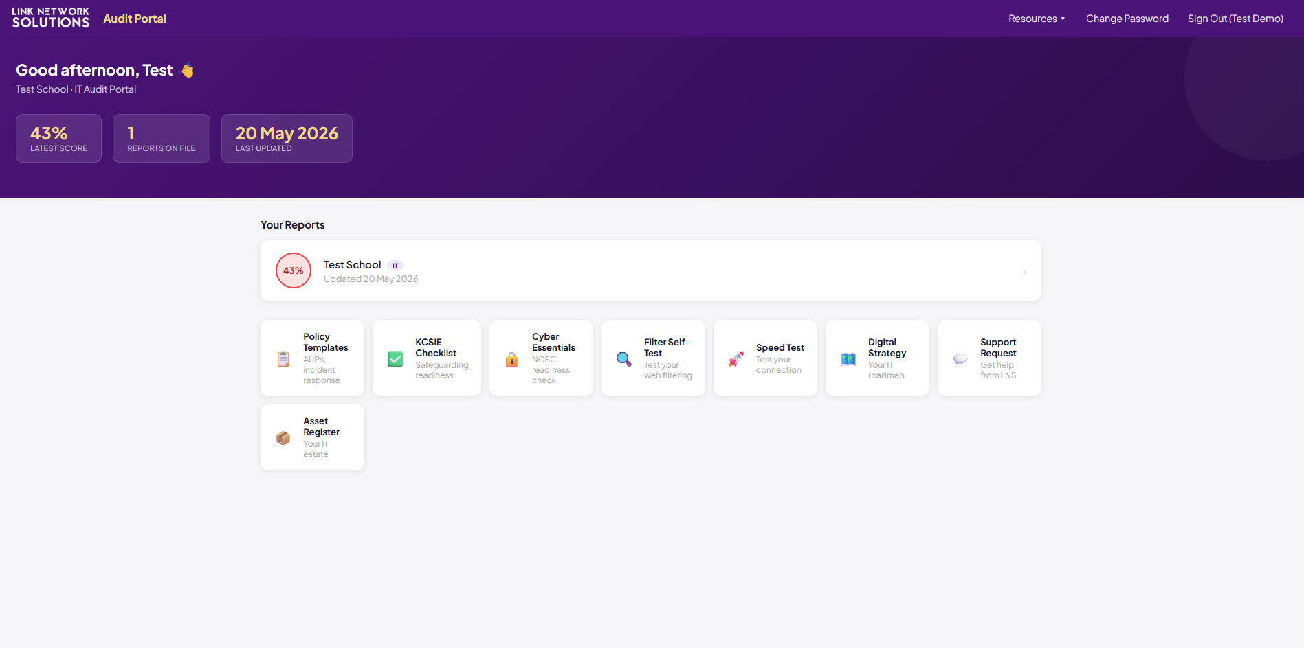 LNS School IT Audit Portal dashboard showing compliance score, reports on file and resource tiles